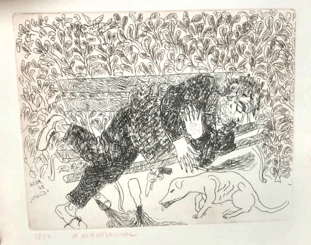 Un spectacle de danse japonaise, où la peinture et la musique grecque fusionnent avec des symbolismes de la culture japonaise et asiatique. Tableau: Tassos MANTZAVINOS / 24×30 gravure cuivre numérotée