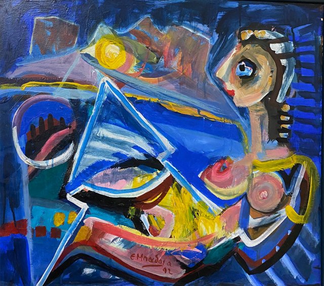 Tableaux grecs contemporains exposés pendant un spectacle mêlant musique, récit et peinture à Paris