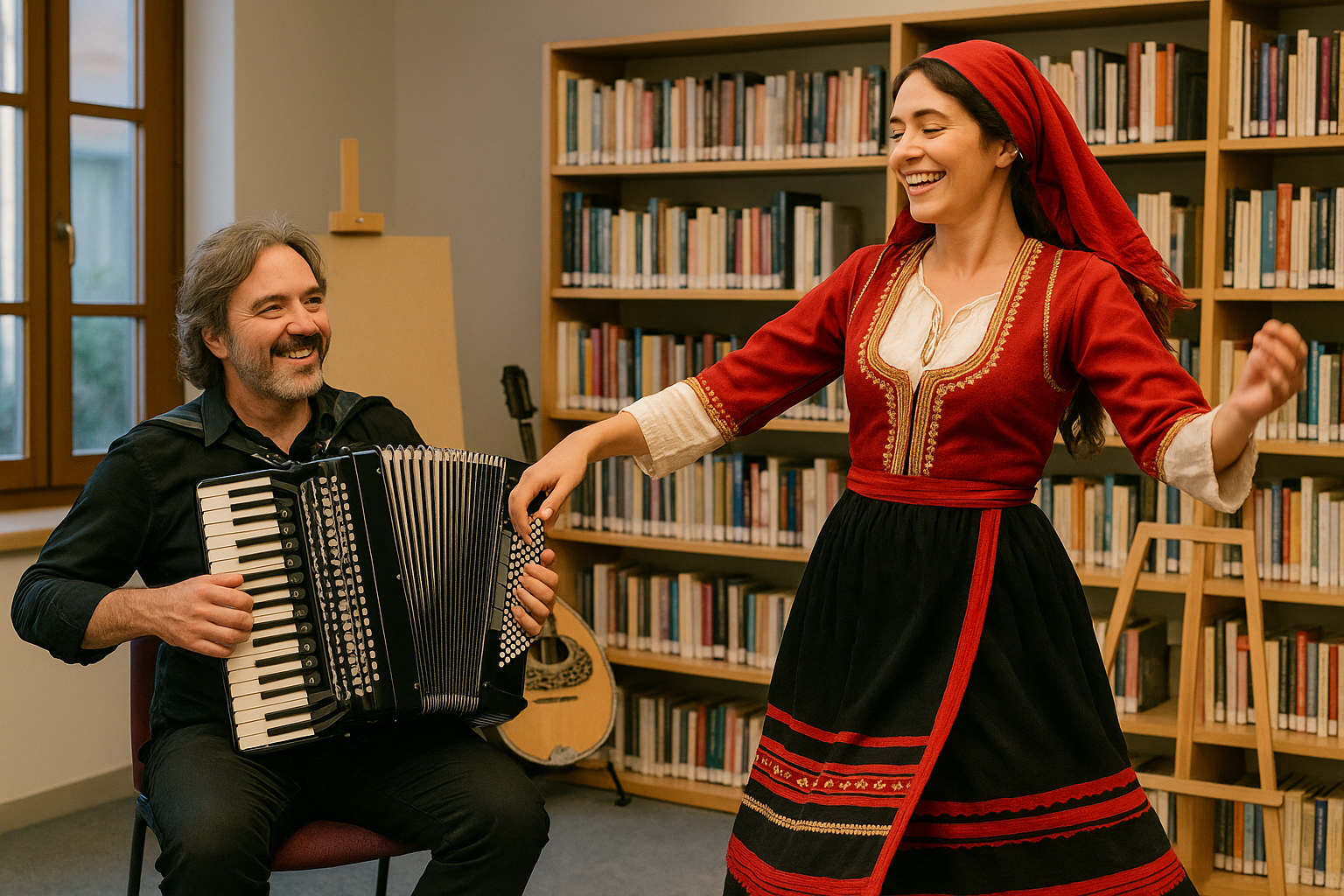 Concert de musique grecque traditionnelle dans une médiathèque ou une bibliothèque, avec instruments acoustiques et ambiance chaleureuse